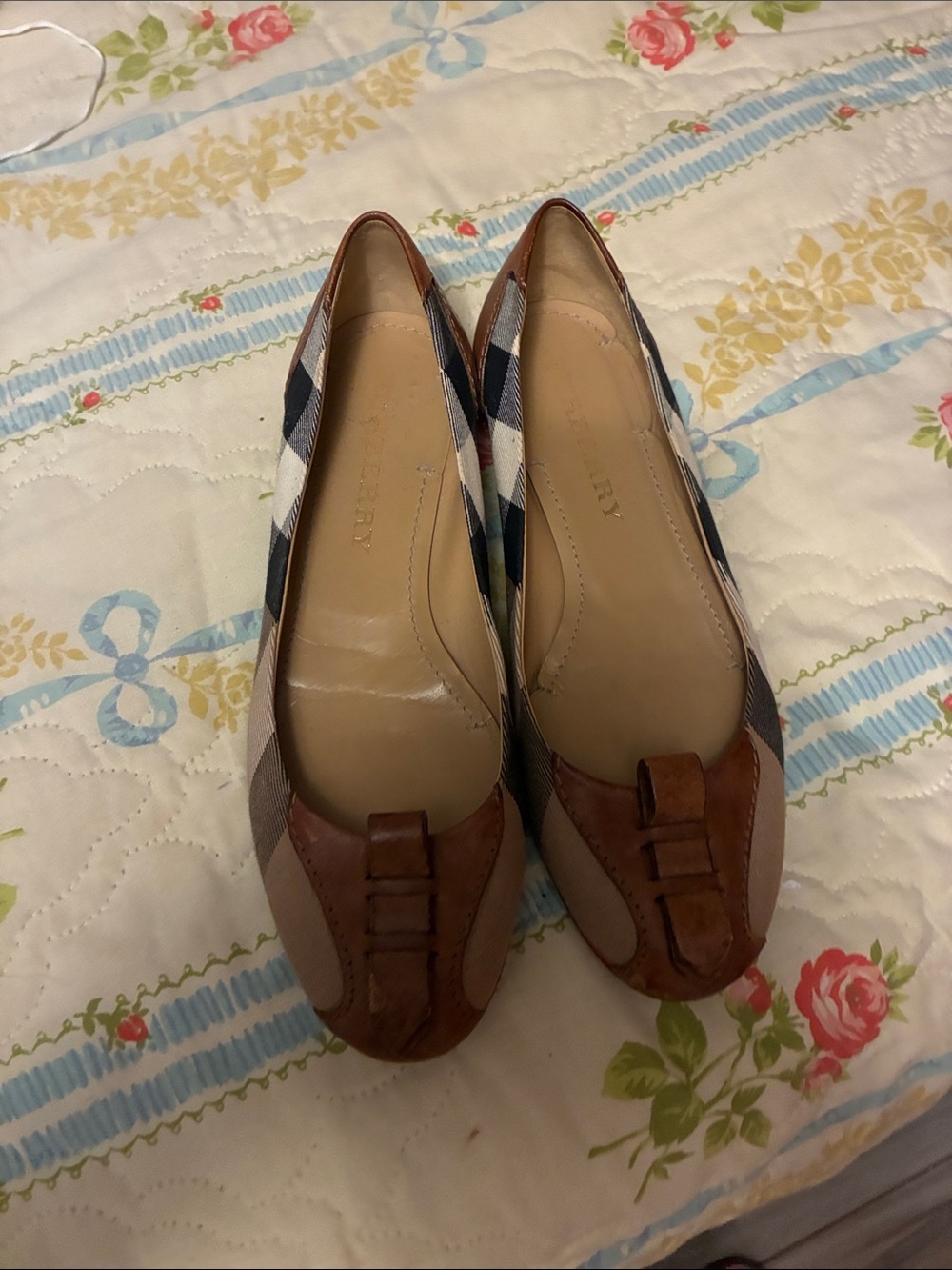 Burberry Brown and Beige Check Leather-Trim Ballet Flats